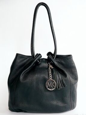 Michael Kors Black Leather Bucket Bag with Beige MK Lining